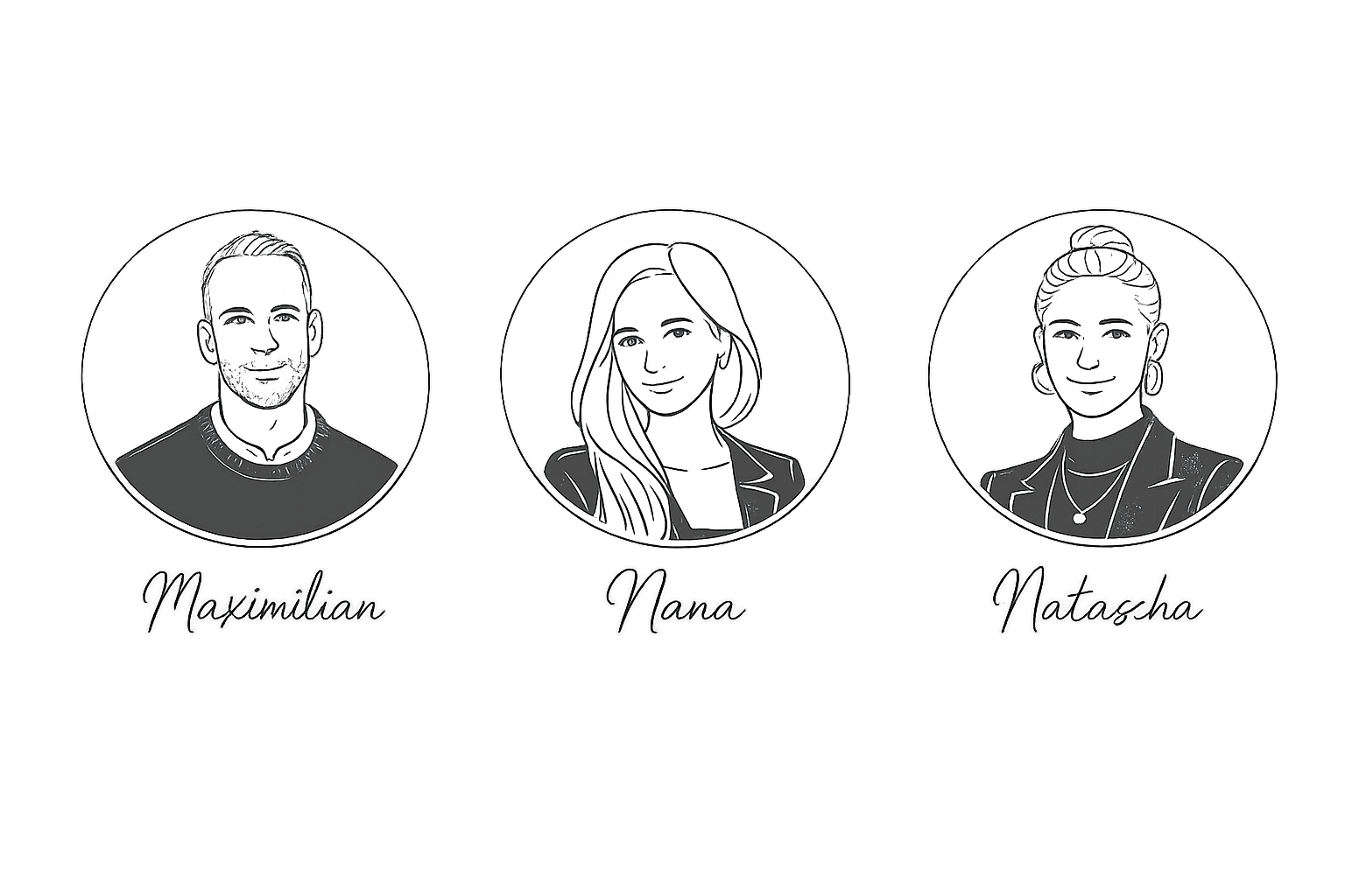 Karikaturen von Maximilian, Nana und Natascha – das Team der Boutique Charme Apartments